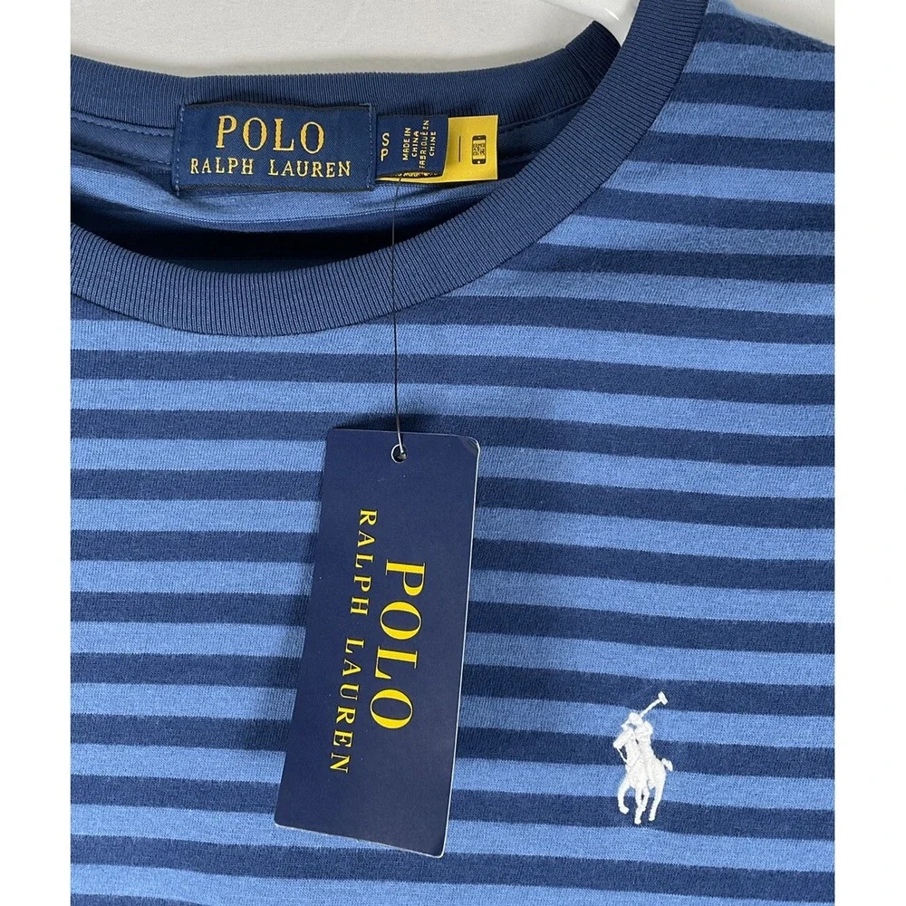 NWT‎ Men Classic Polo Ralph Lauren Short Sleeve Striped T-Shirt Navy & Lt Blue S